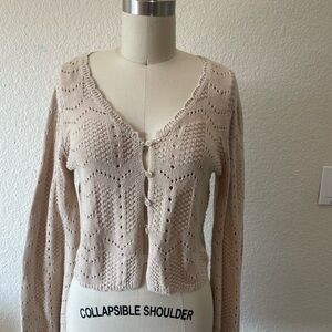 Source Unknown Beige Open-Knit Scallop-Trim Button Cardigan